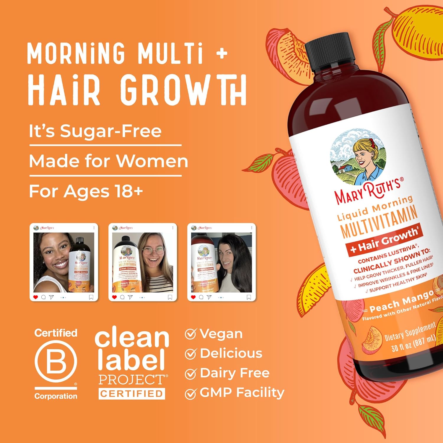 Mary Ruths Liquid Morning Multivitamin + Hair Gowth Peach Mango 887 Ml