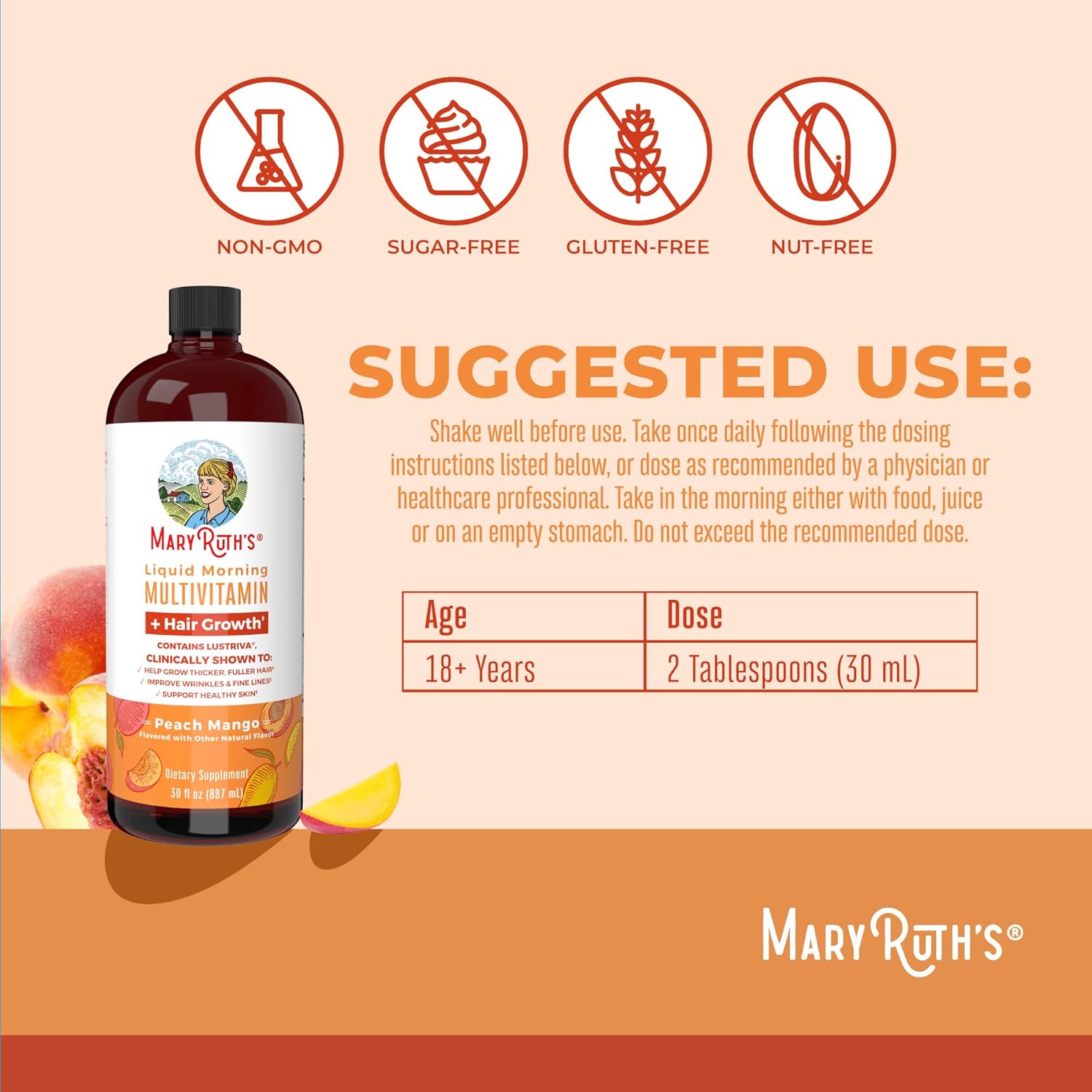 Mary Ruths Liquid Morning Multivitamin + Hair Gowth Peach Mango 887 Ml